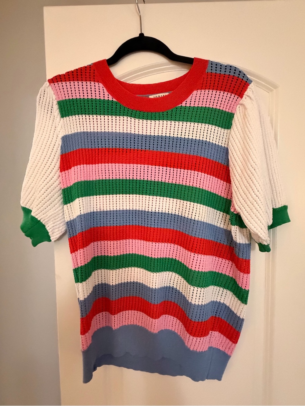 JODIFL Bright Striped Open-Knit Sweater in Red, Pink, Green, Blue & White